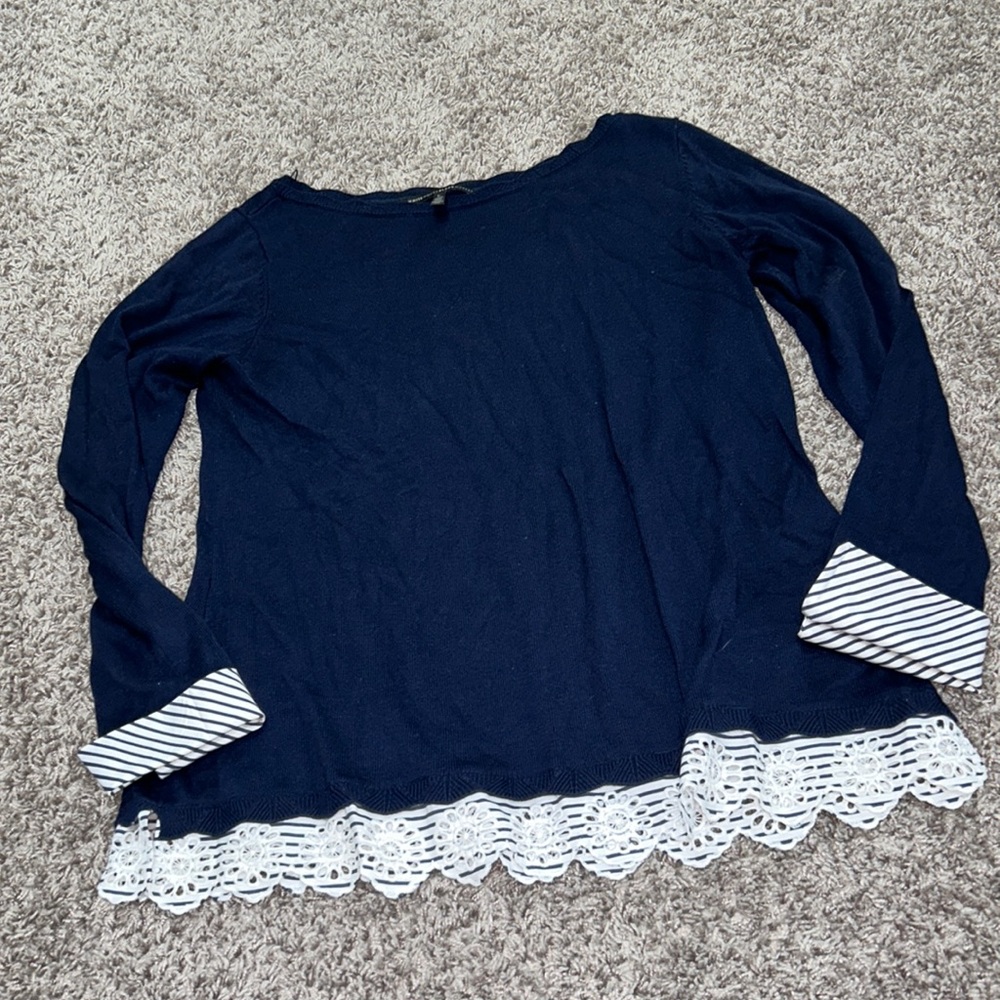 White House Black Market Navy Blue Eyelet Lace Hem Silk Blend Sweater Large‎